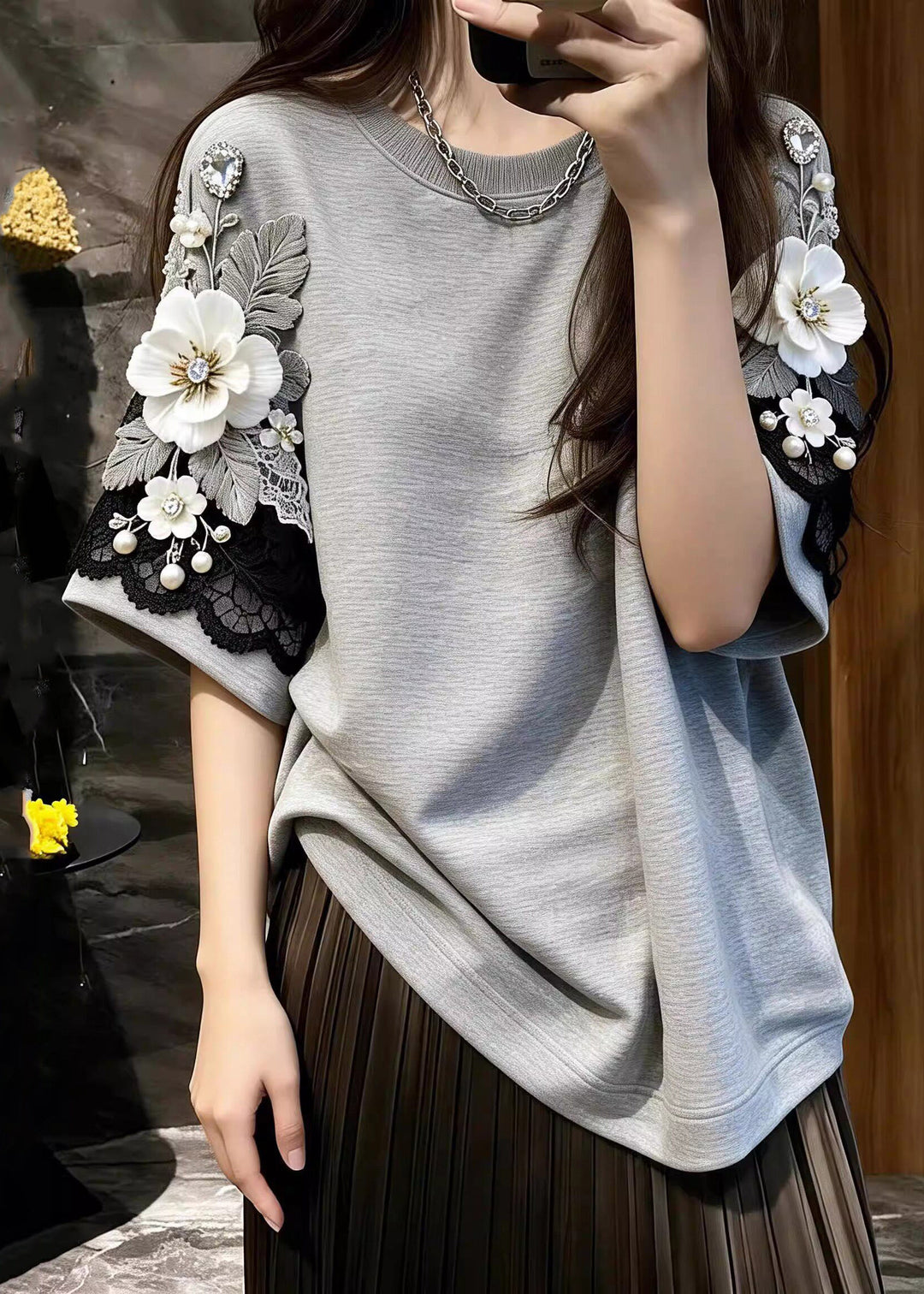 Boutique Grey Floral Nail Bead Tops Short Sleeve