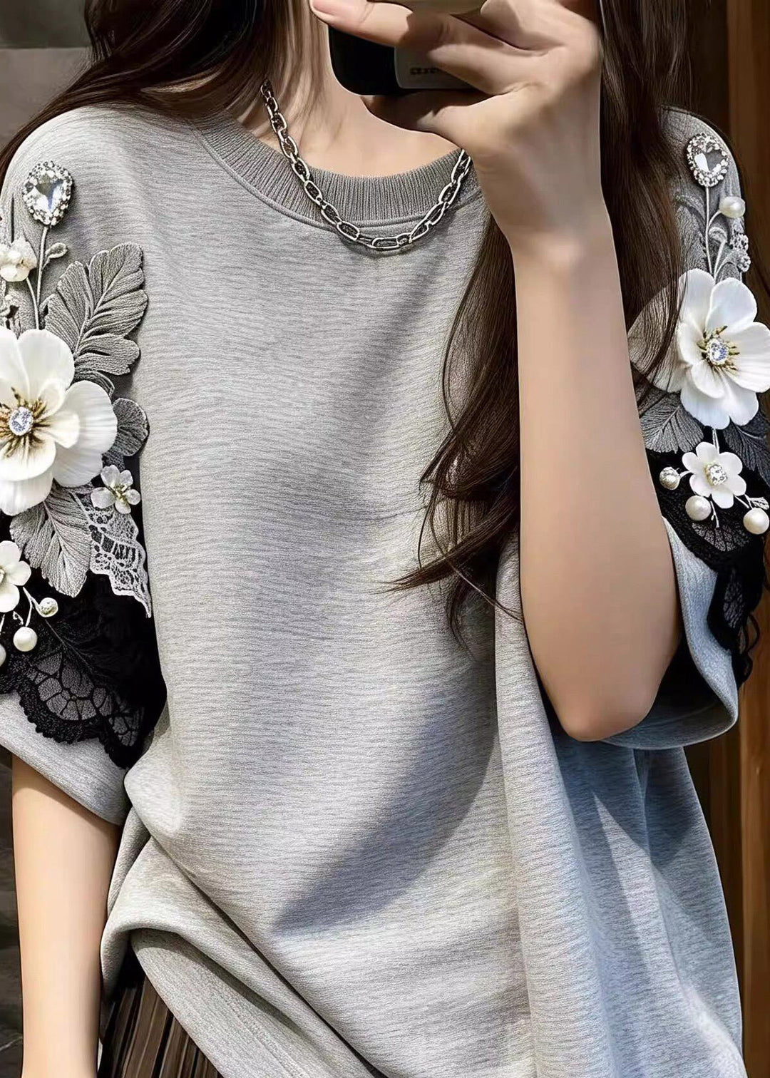 Boutique Grey Floral Nail Bead Tops Short Sleeve