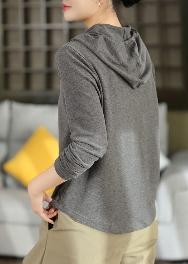 Boutique Grey Hooded Patchwork Cotton T Shirts Fall