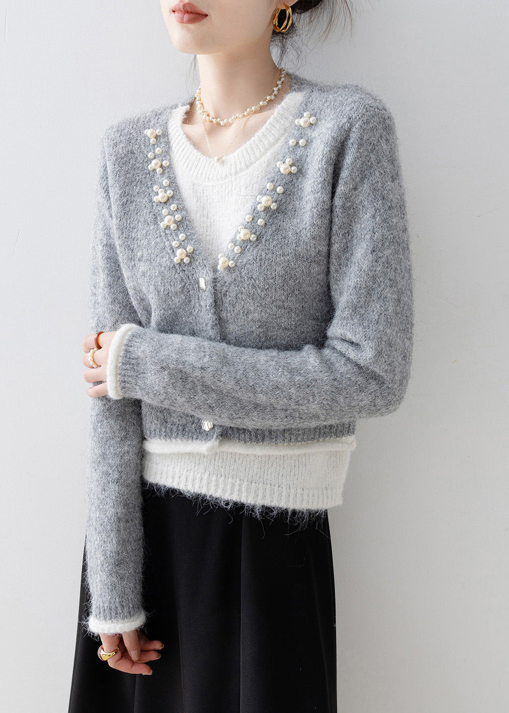 Boutique Grey Nail Bead Patchwork False Two Pieces Knit Sweaters Spring