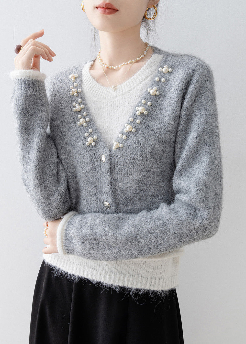 Boutique Grey Nail Bead Patchwork False Two Pieces Knit Sweaters Spring