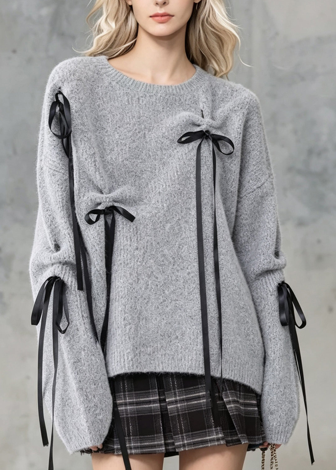 Boutique Grey O Neck Bow Lace Up Knit Sweaters Fall