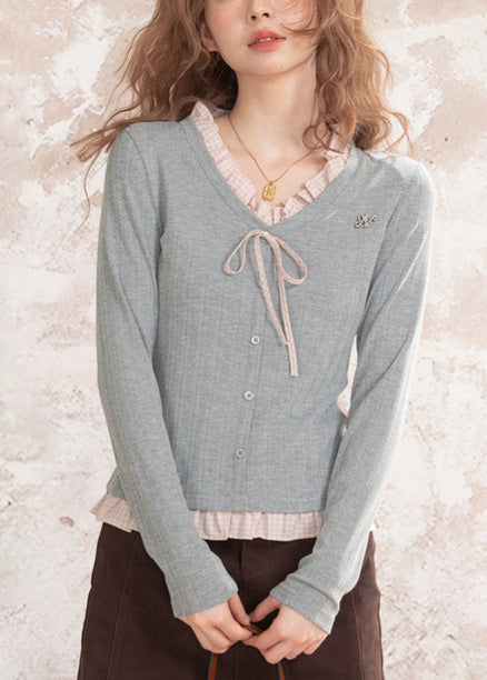 Boutique Grey Ruffled Patchwork Cotton Shirt Top Fall