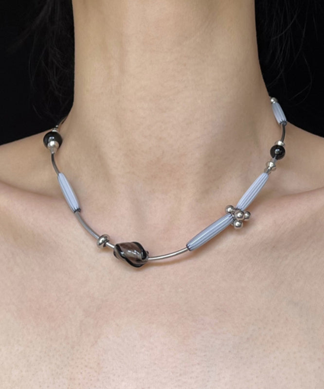 Boutique Grey Stainless Steel Black Agate Glass Pendant Necklace