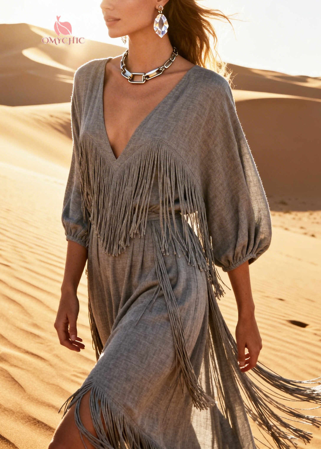 Boutique Grey Tasseled Cotton Maxi Dresses Half Sleeve