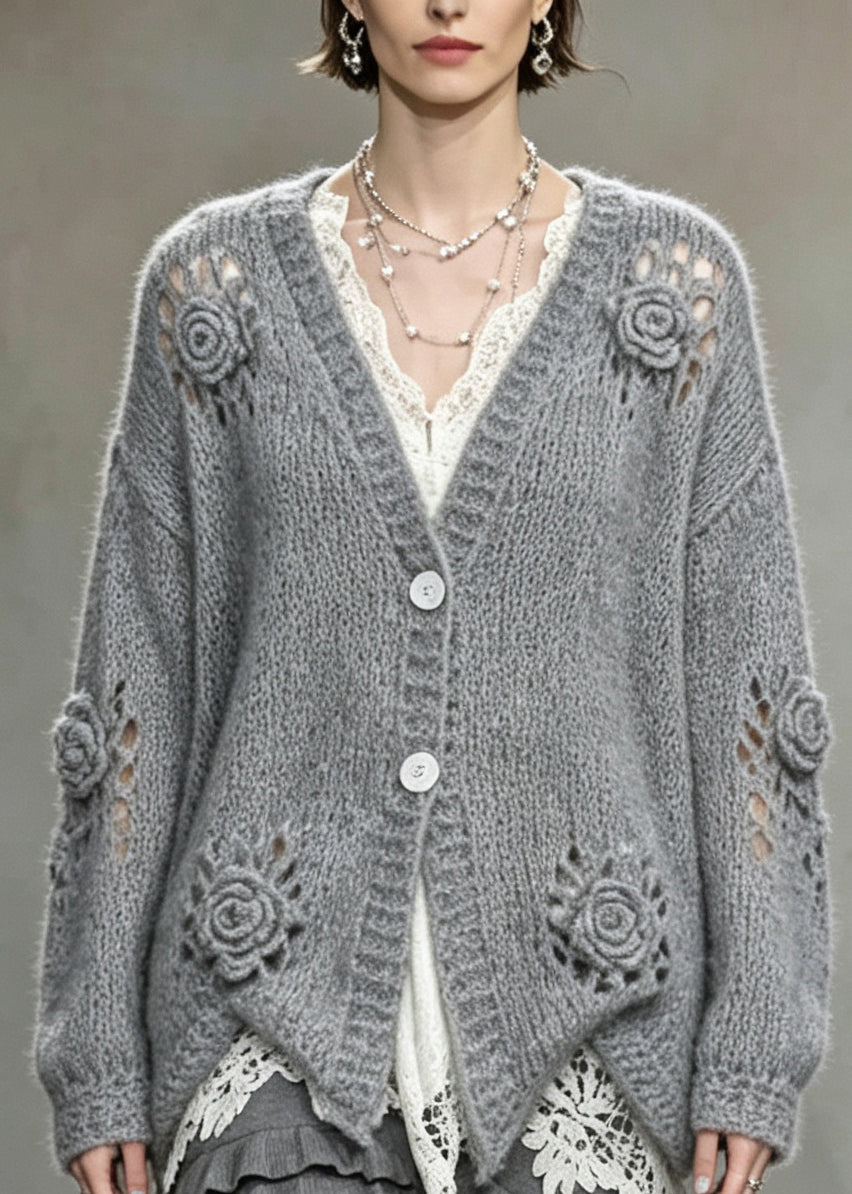 Boutique Grey V Neck Hollow Out Floral Knit Cardigans Fall