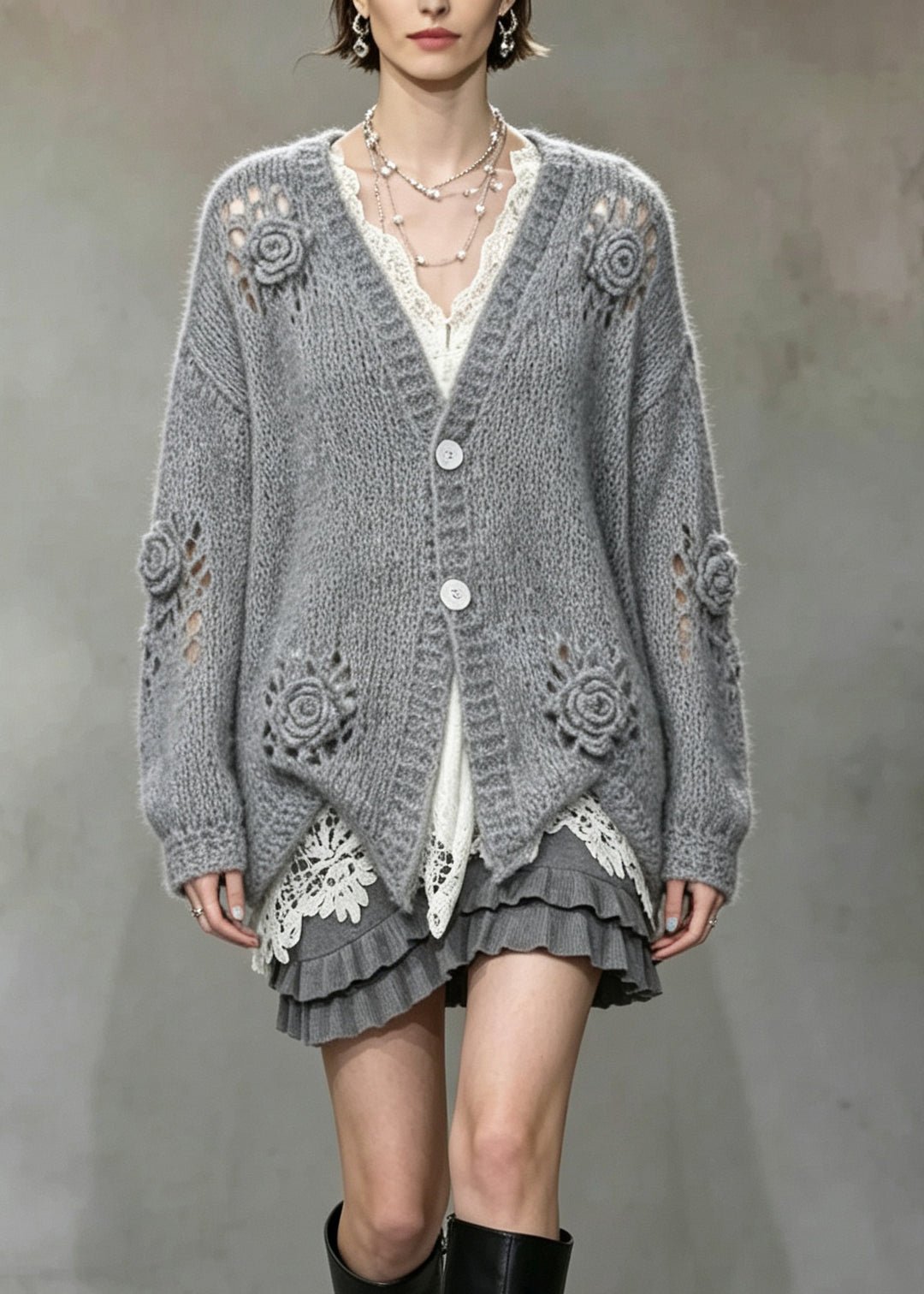 Boutique Grey V Neck Hollow Out Floral Knit Cardigans Fall