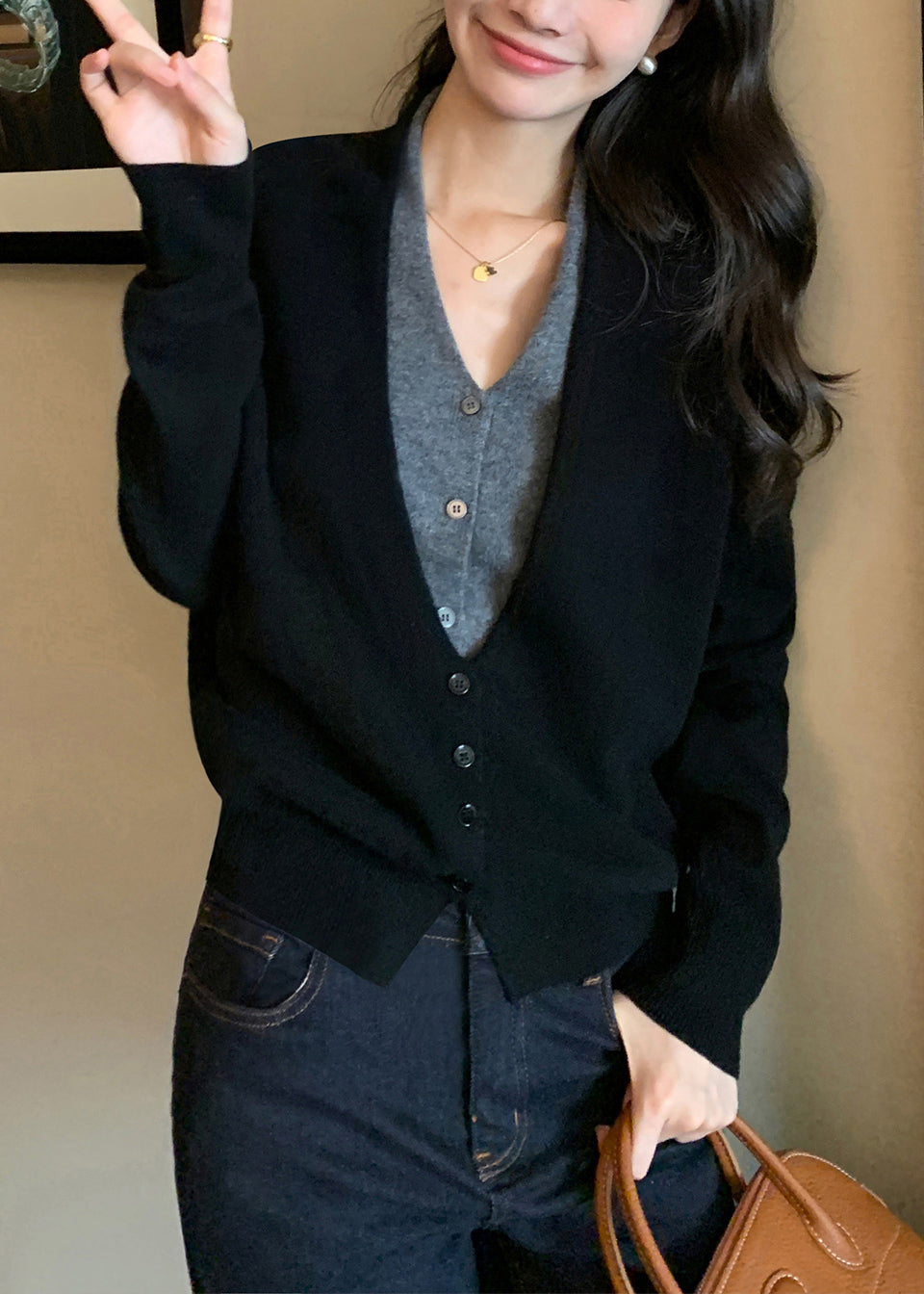 Boutique Grey V Neck Patchwork False Two Pieces Woolen Sweaters Fall