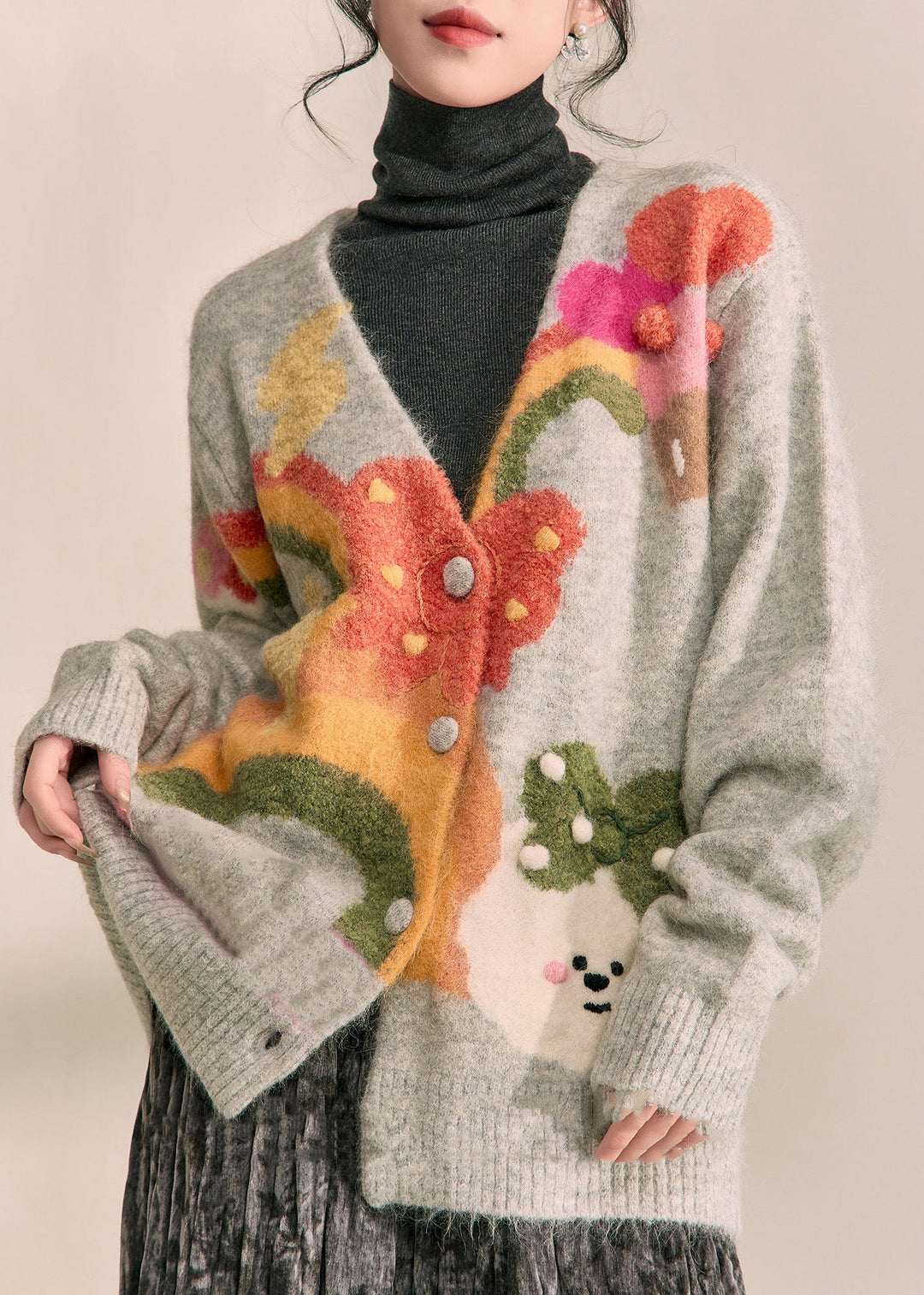 Boutique Grey V Neck Print Cotton Knit Cardigans Fall