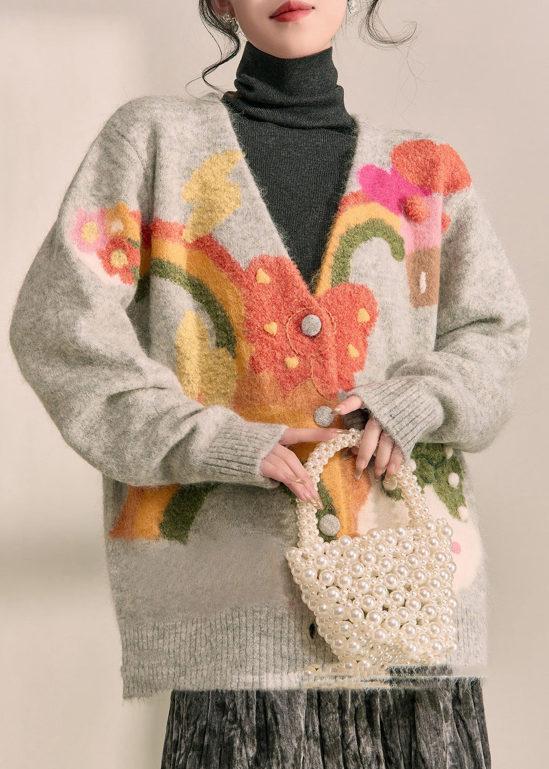 Boutique Grey V Neck Print Cotton Knit Cardigans Fall