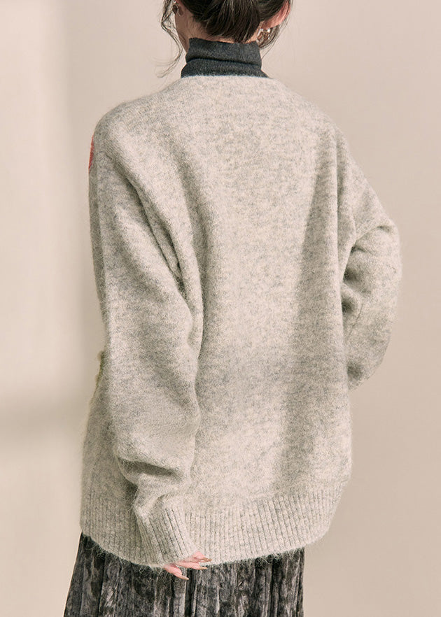 Boutique Grey V Neck Print Cotton Knit Cardigans Spring