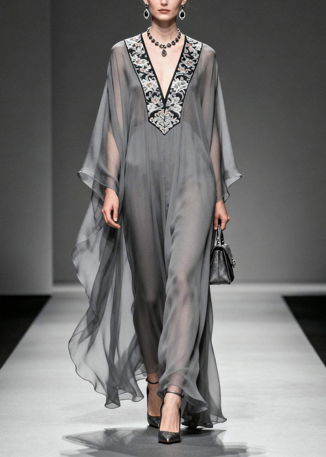 Boutique Grey V Neck Print Patchwork Chiffon Dress Spring