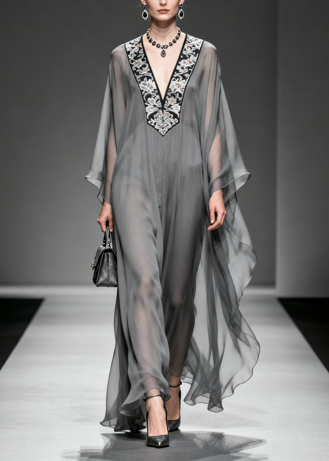 Boutique Grey V Neck Print Patchwork Chiffon Dress Spring
