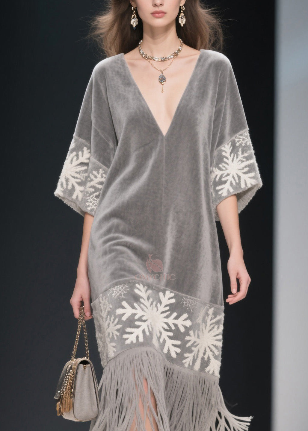 Boutique Grey V Neck Tassel Patchwork Velvet Dress Summer - Omychic