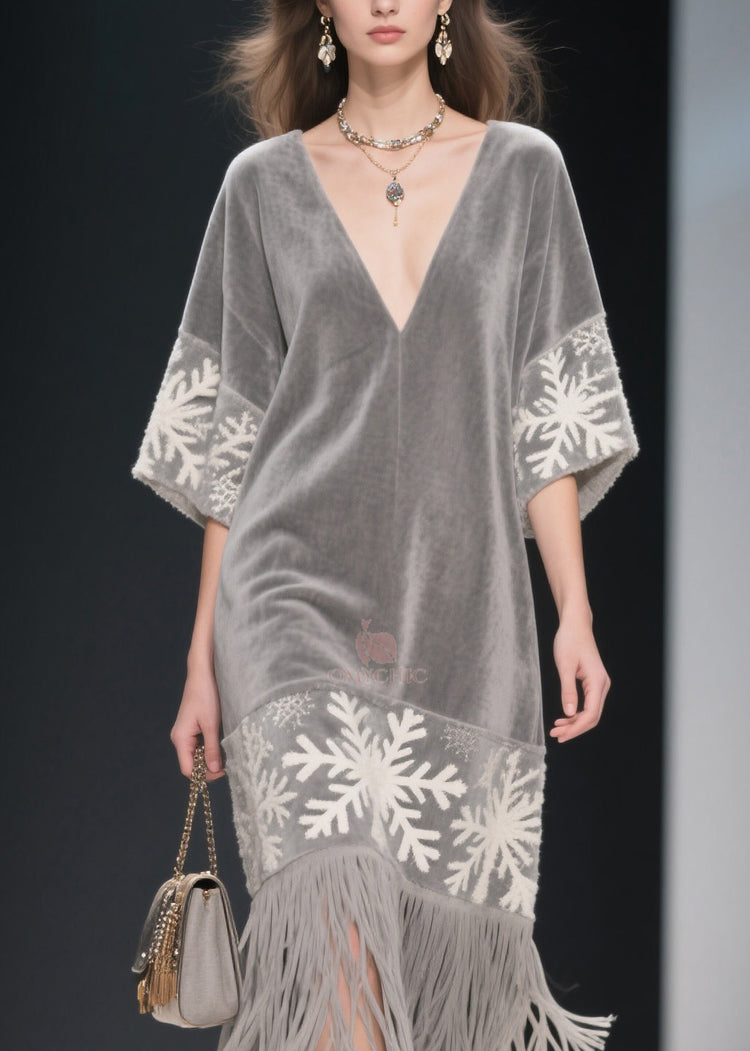 Boutique Grey V Neck Tassel Patchwork Velvet Dress Summer - Omychic