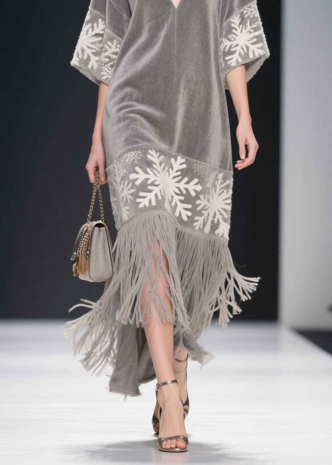 Boutique Grey V Neck Tassel Patchwork Velvet Dress Summer - Omychic