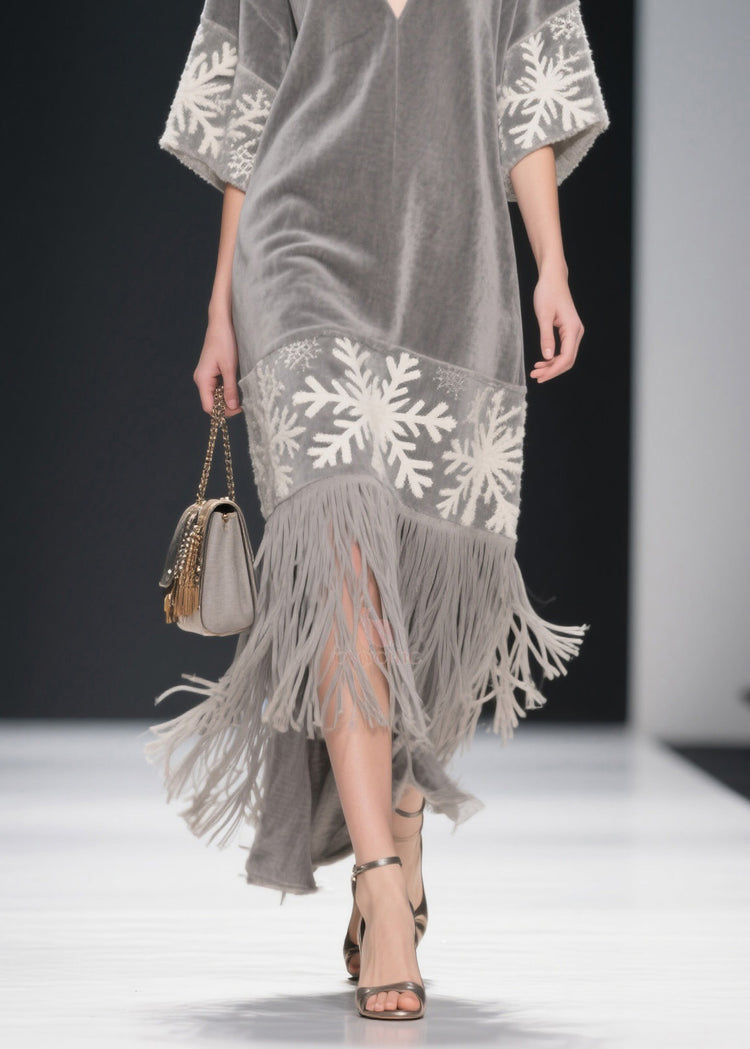 Boutique Grey V Neck Tassel Patchwork Velvet Dress Summer - Omychic