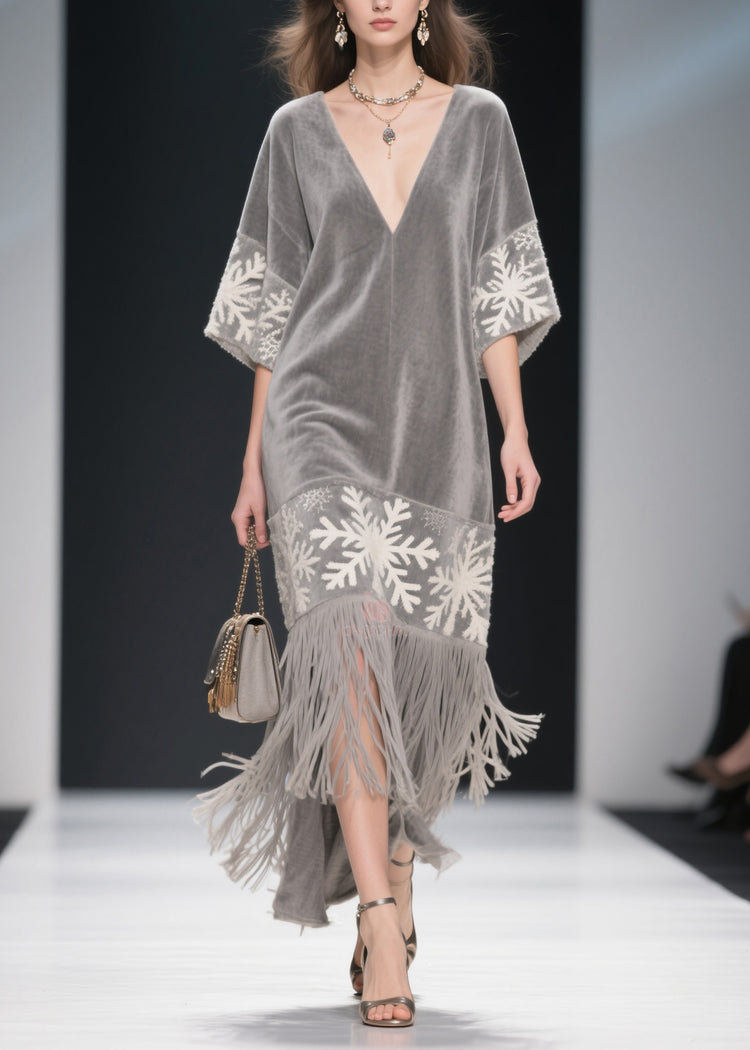 Boutique Grey V Neck Tassel Patchwork Velvet Dress Summer - Omychic