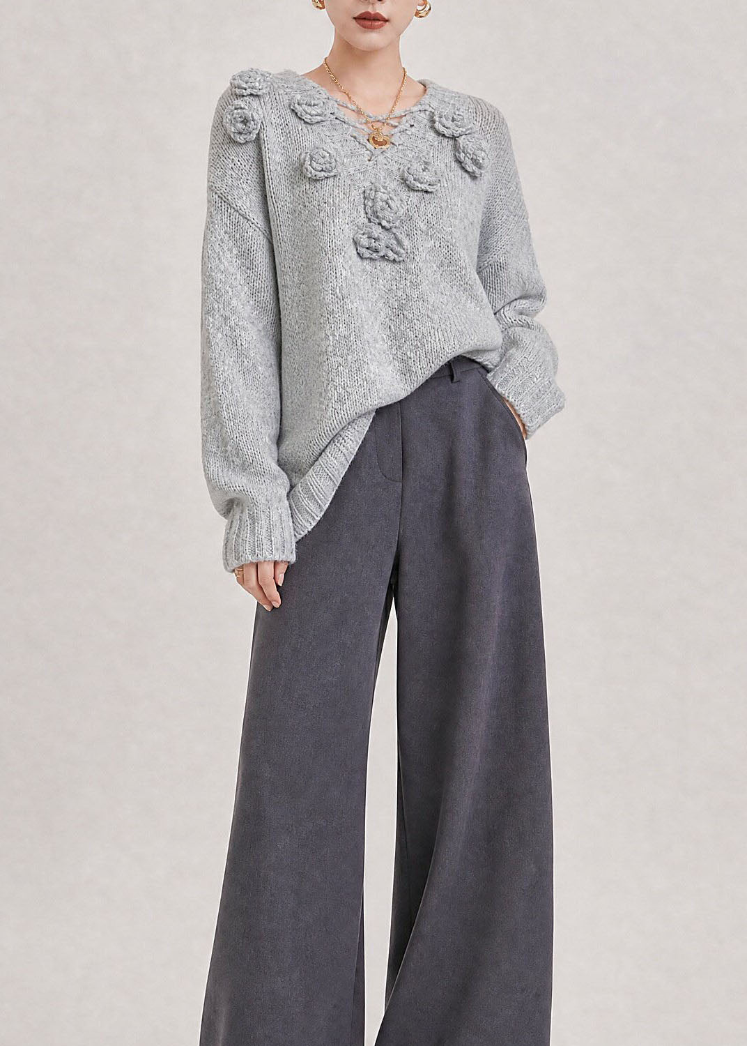 Boutique Grey V Neck Thick Floral Knit Sweaters Fall