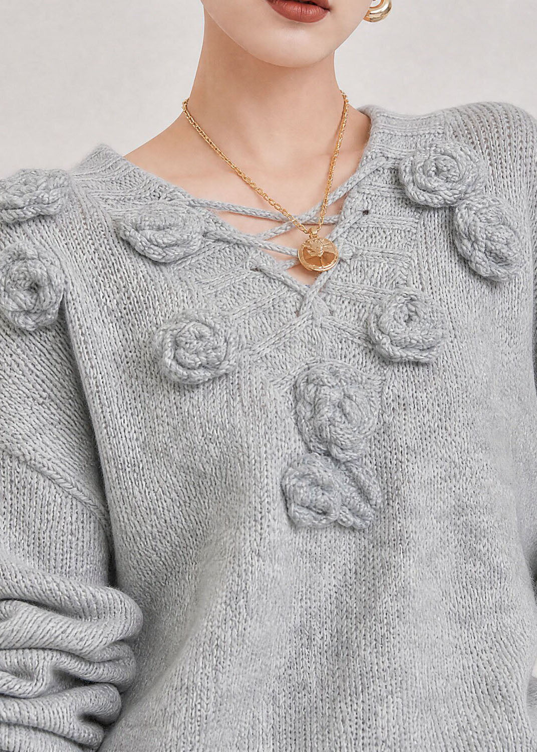 Boutique Grey V Neck Thick Floral Knit Sweaters Fall