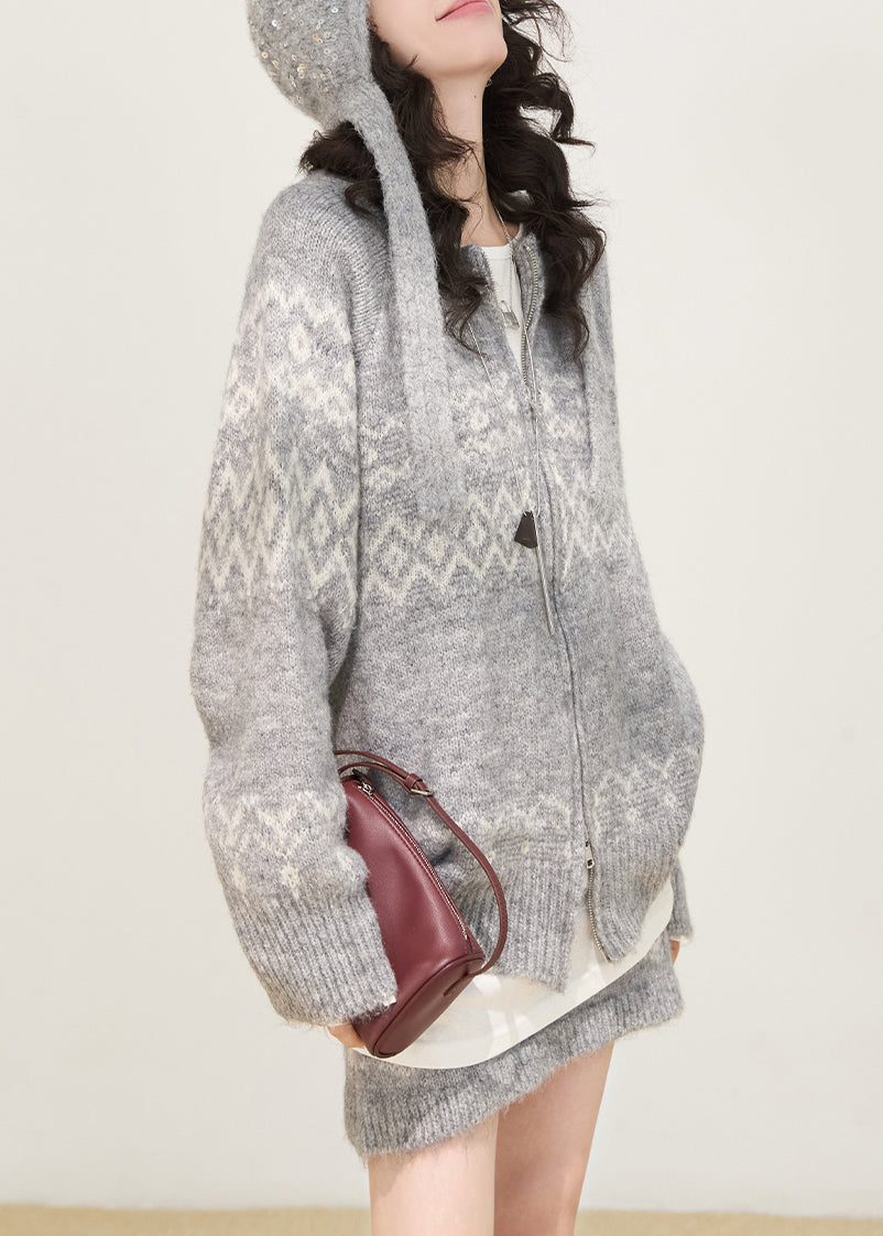 Boutique Grey Zip Up Print Knit Two Piece Set Spring