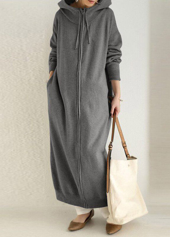 Boutique Grey Zippered Pockets Patchwork Hooded Fleece Coat Fall