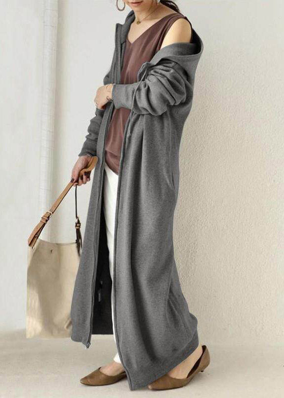 Boutique Grey Zippered Pockets Patchwork Hooded Fleece Coat Fall