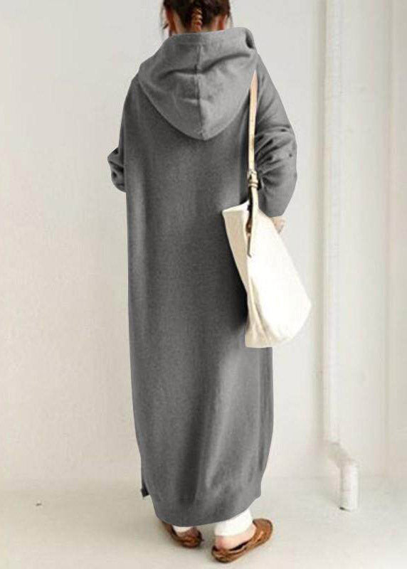 Boutique Grey Zippered Pockets Patchwork Hooded Fleece Coat Fall