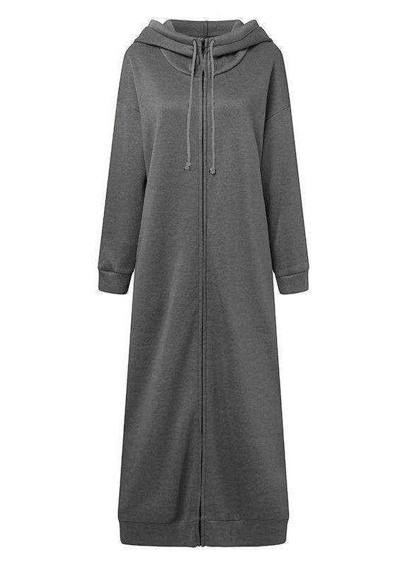 Boutique Grey Zippered Pockets Patchwork Hooded Fleece Coat Fall