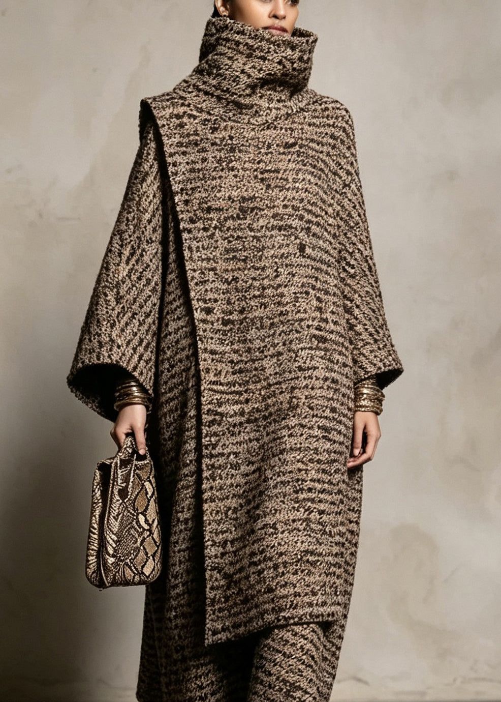 Boutique Hign Neck Cape And Coat Woolen Two Pieces Set Fall