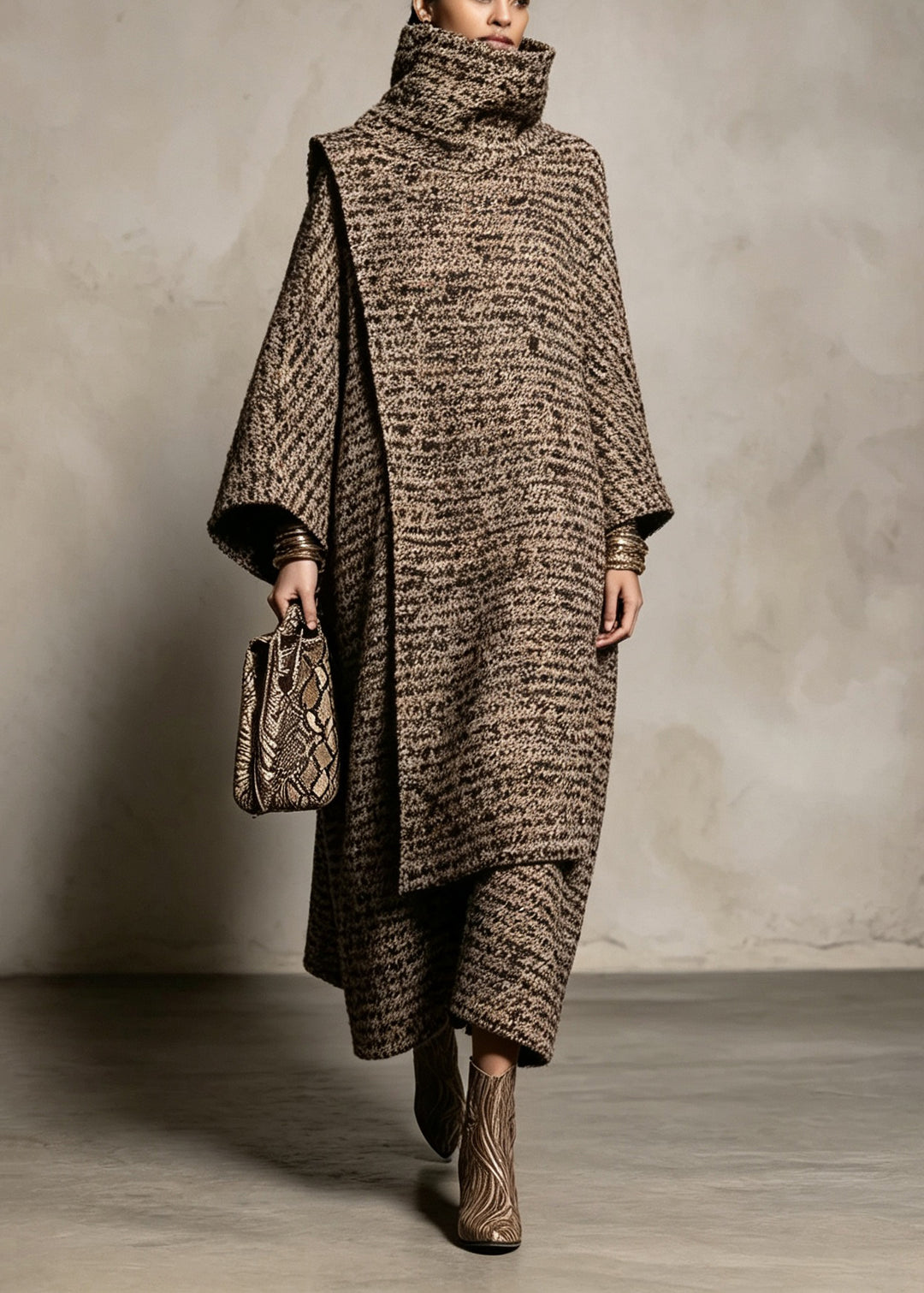 Boutique Hign Neck Cape And Coat Woolen Two Pieces Set Fall