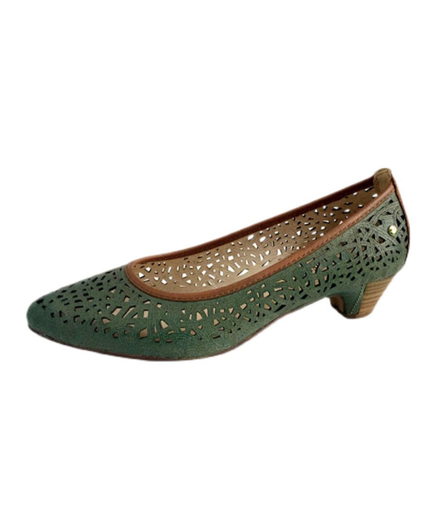 Boutique Hollow Out Chunky Sandals Green Cowhide Leather