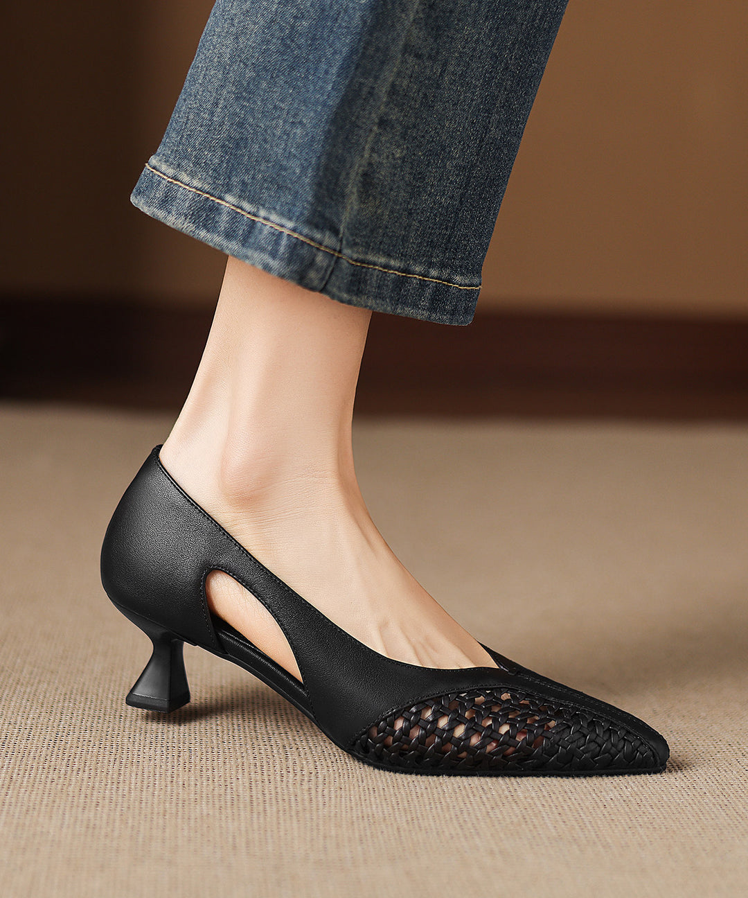 Boutique Hollow Out Splicing High Heels Black Cowhide Leather