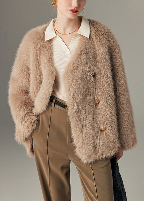 Boutique Khaki Double Breast Warm Faux Fox Fur Coats Winter