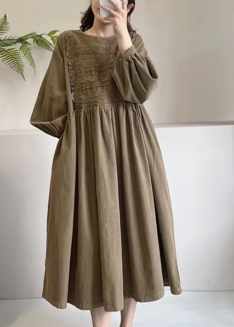 Boutique Khaki Embroidered Corduroy Maxi Dress Spring