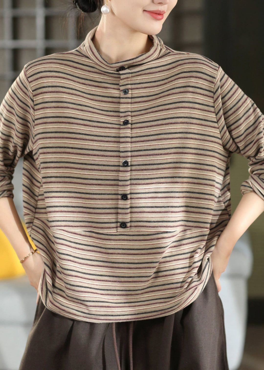 Boutique Khaki High Neck Striped Cashmere Top Fall