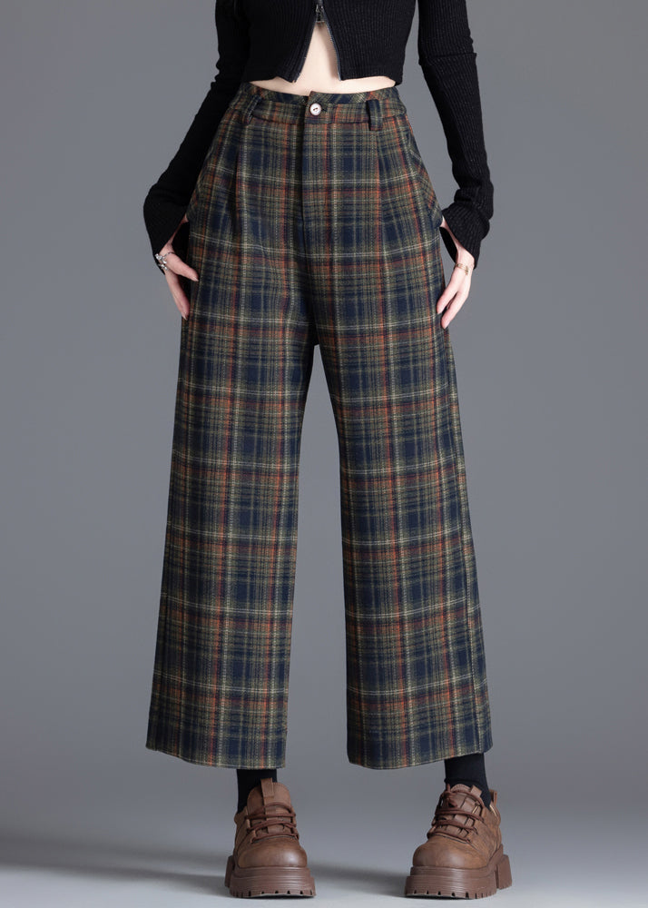 Boutique Khaki Oversized Plaid Woolen Crop Pants Trousers Spring
