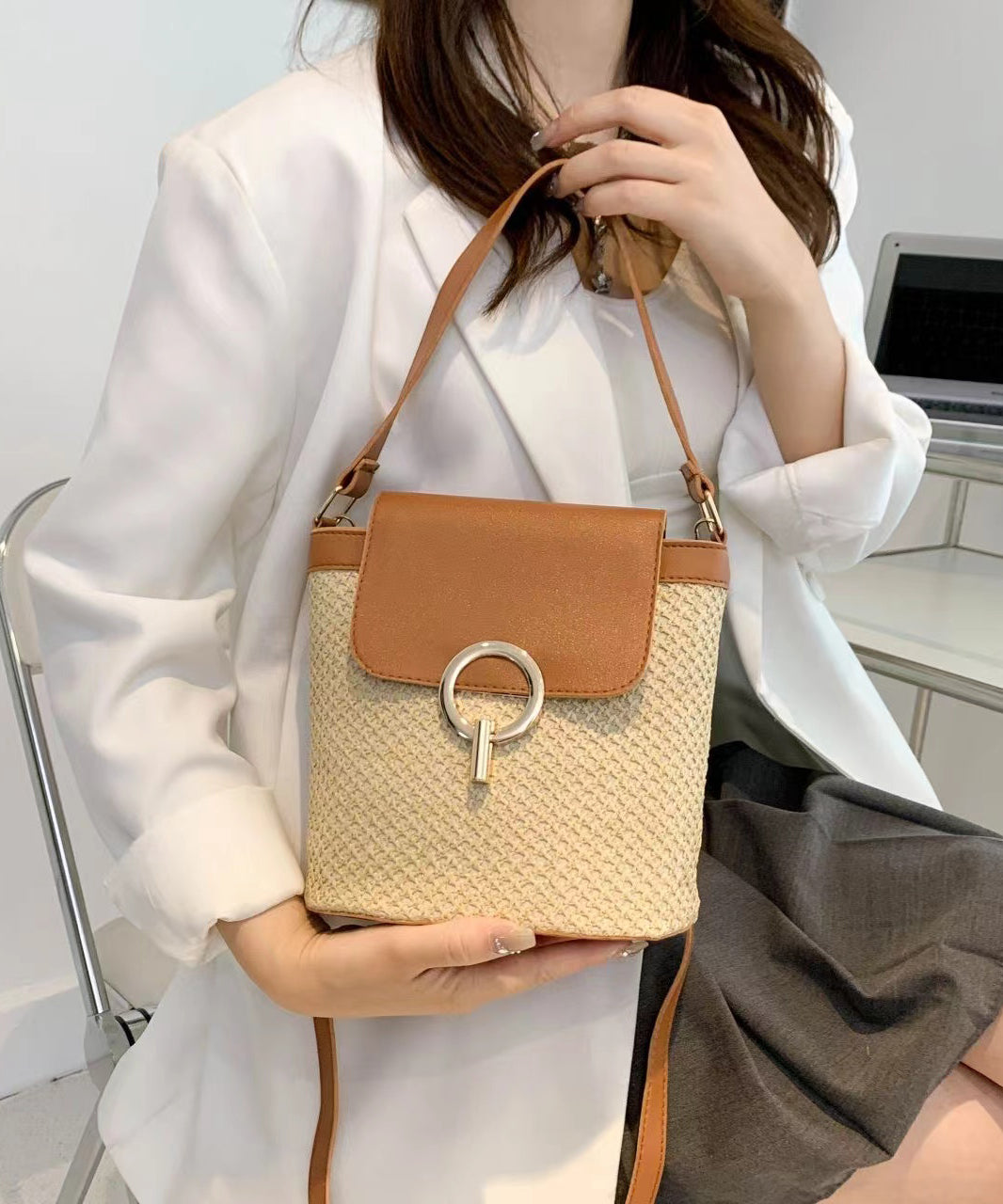 Boutique Khaki Patchwork Weave Faux Leather Tote Handbag