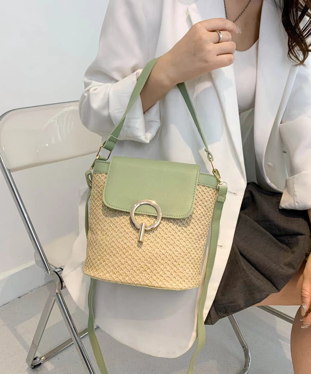 Boutique Khaki Patchwork Weave Faux Leather Tote Handbag