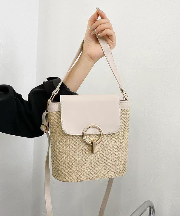 Boutique Khaki Patchwork Weave Faux Leather Tote Handbag