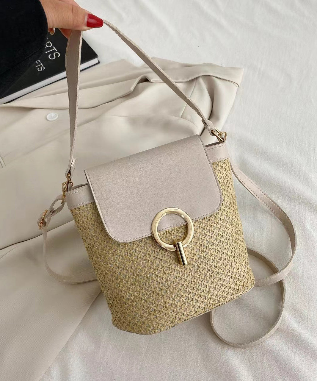 Boutique Khaki Patchwork Weave Faux Leather Tote Handbag