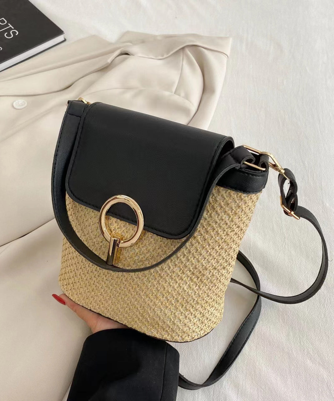 Boutique Khaki Patchwork Weave Faux Leather Tote Handbag