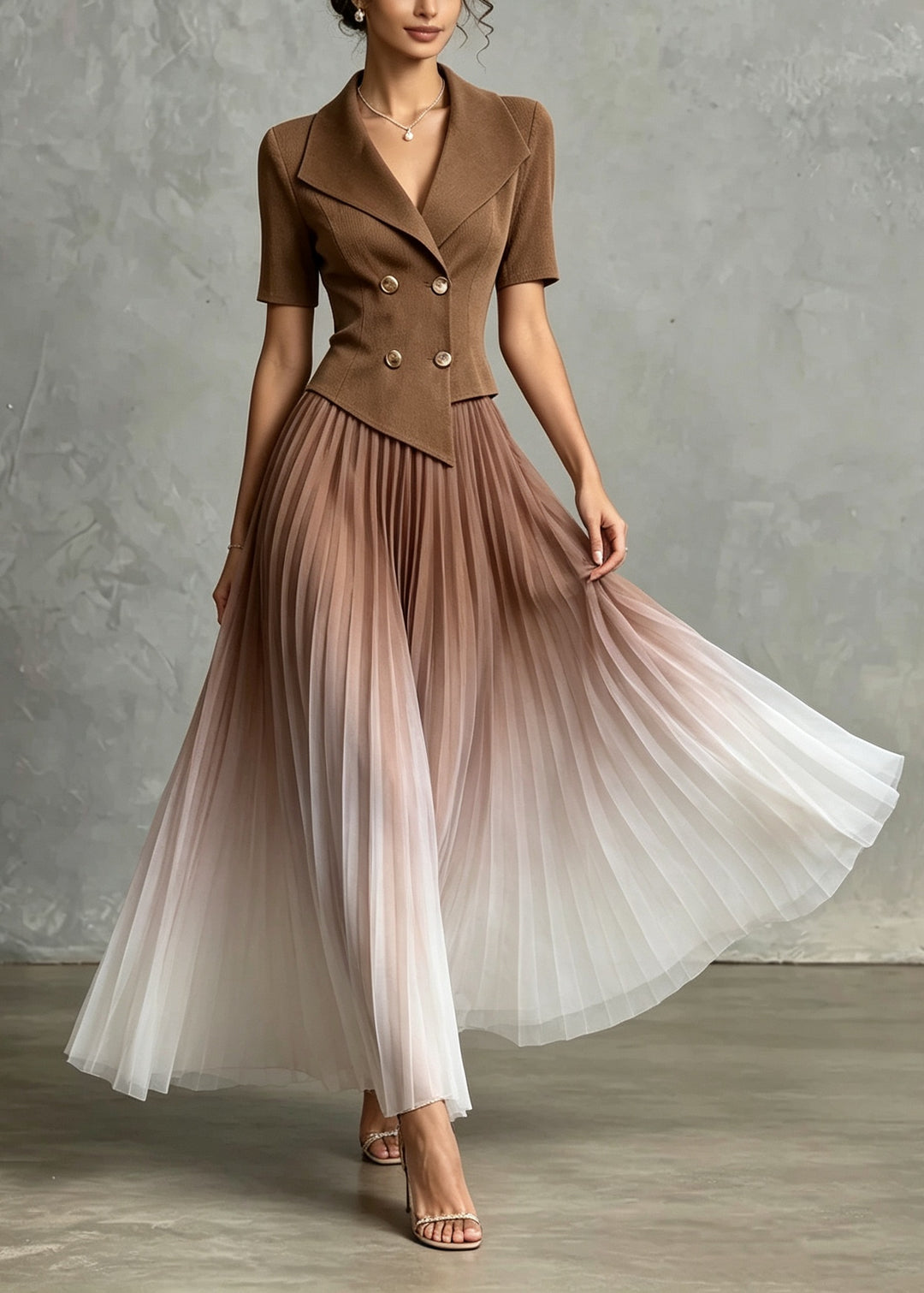 Boutique Khaki Peter Pan Collar Tulle Patchwork Knit Long Dresses Summer