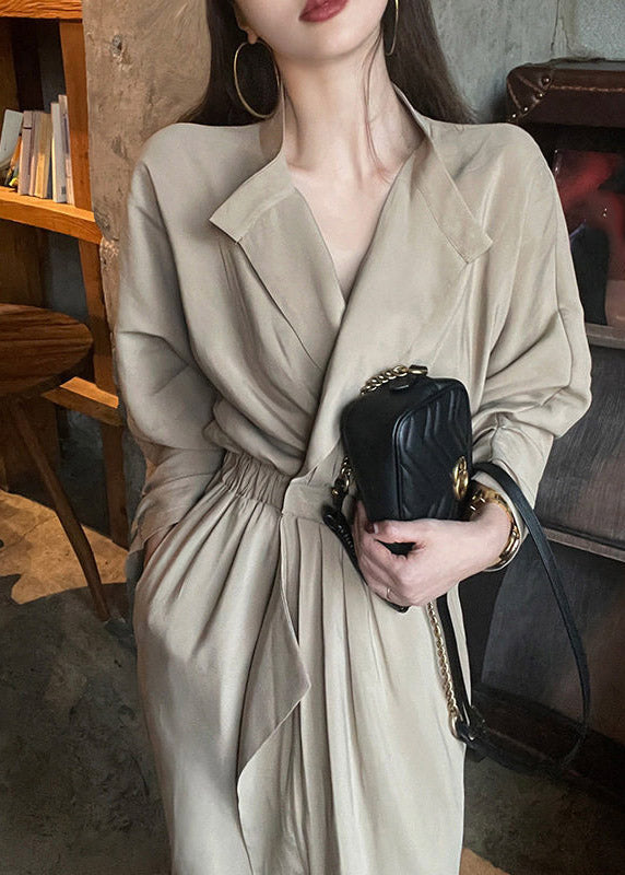 Boutique Khaki Peter Pan Collar Wrinkled Elastic Waist Maxi Dresses Spring