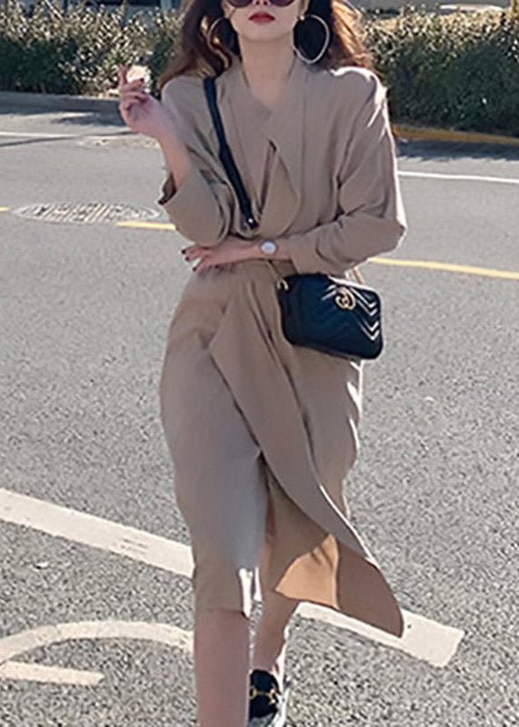 Boutique Khaki Peter Pan Collar Wrinkled Elastic Waist Maxi Dresses Spring
