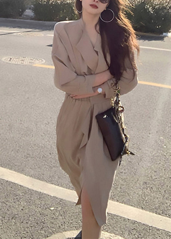 Boutique Khaki Peter Pan Collar Wrinkled Elastic Waist Maxi Dresses Spring