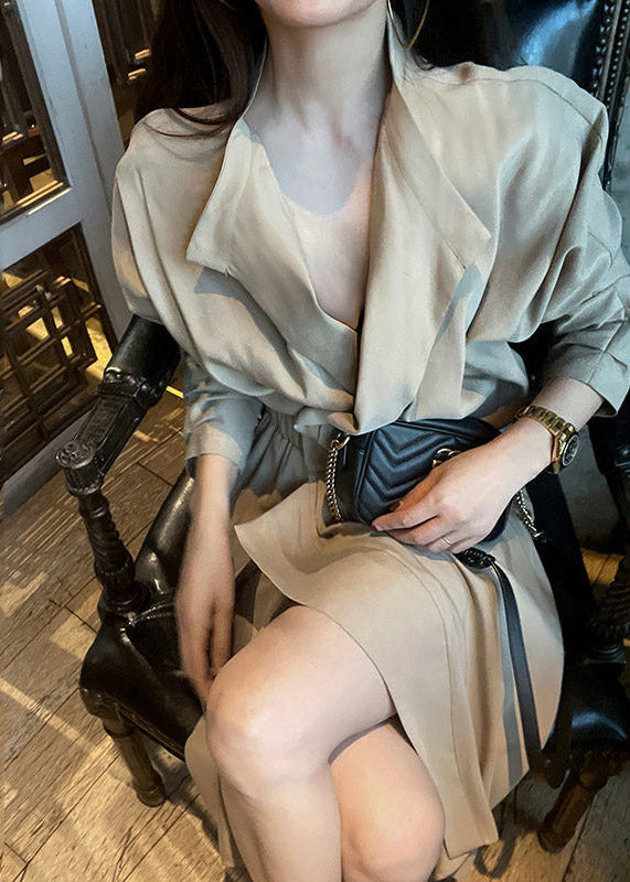 Boutique Khaki Peter Pan Collar Wrinkled Elastic Waist Maxi Dresses Spring