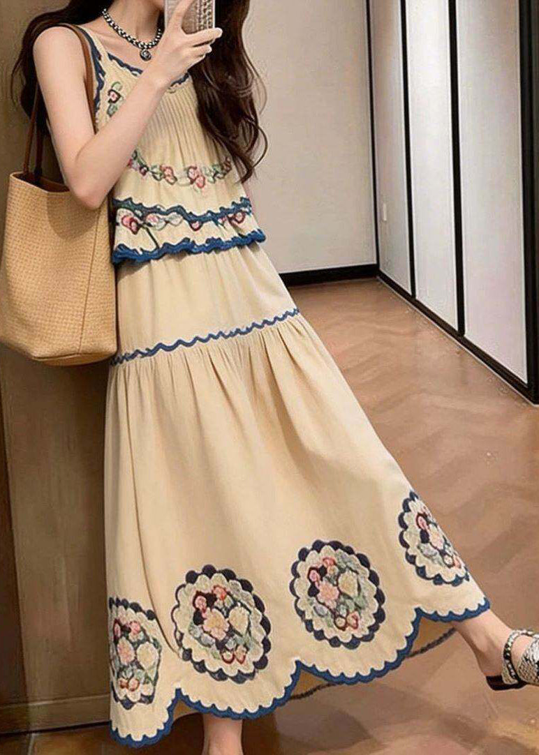 Boutique Khaki Print Wrinkled Cotton Two Pieces Set Summer