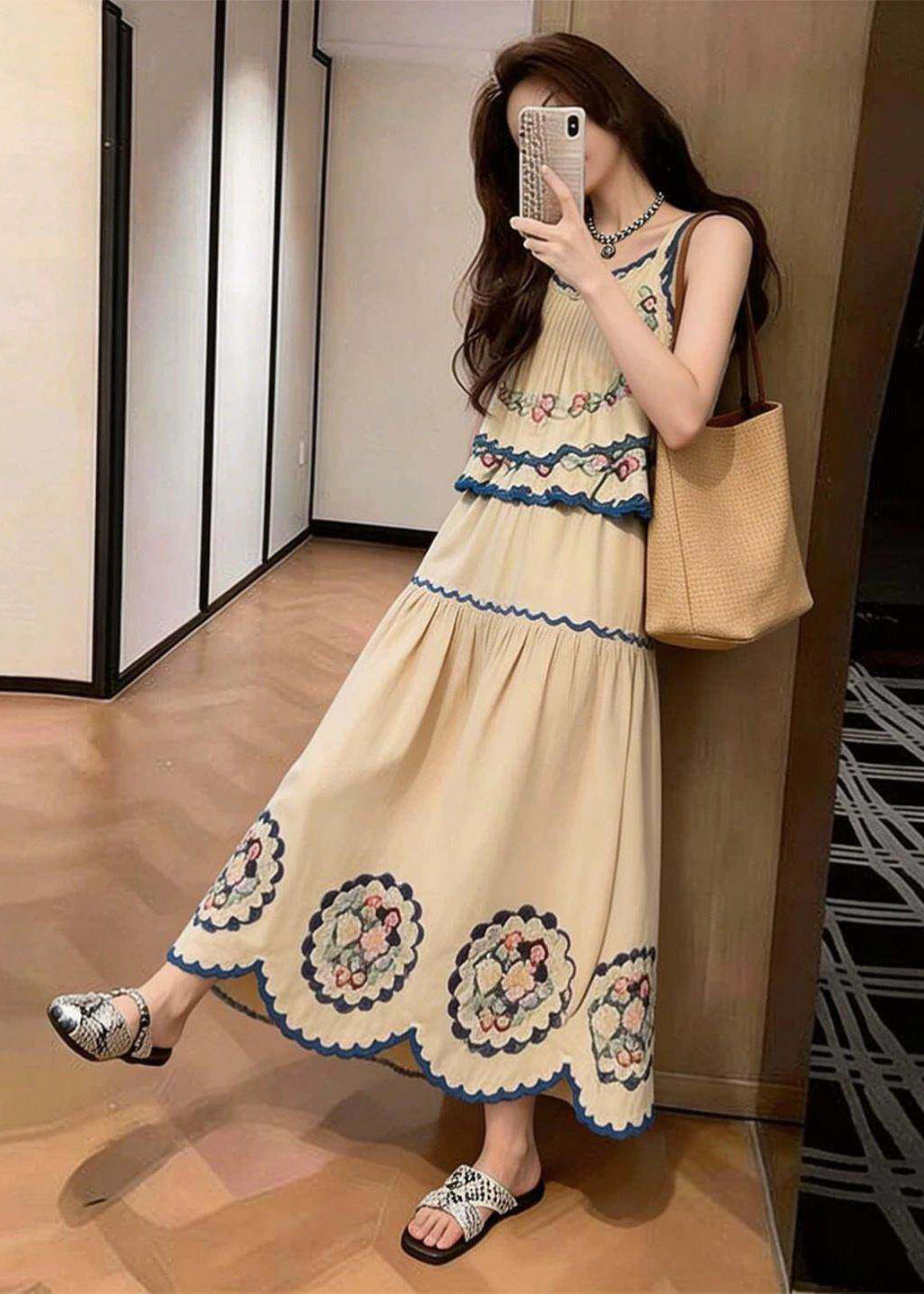Boutique Khaki Print Wrinkled Cotton Two Pieces Set Summer