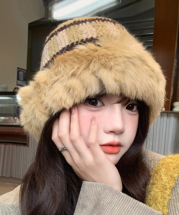 Boutique Khaki Rabbit Patchwork Knit Bucket Hat